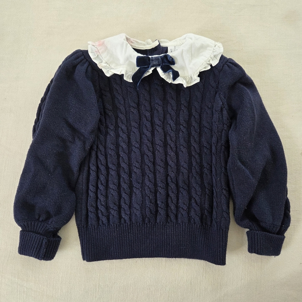 Janie & Jack Navy Blue Cable Knit Sweater with White Collar 4t/5t Girls